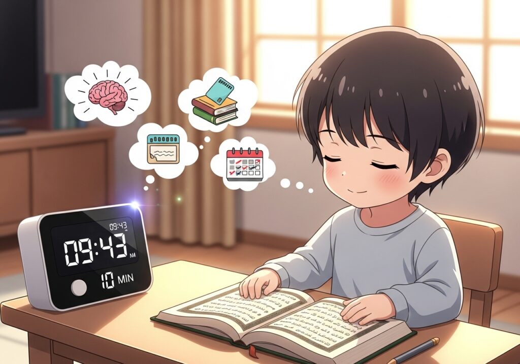 A child practicing Quran recitation with a 10-minute timer, illustrating how short, daily Quran sessions enhance focus, retention, and consistency in learning.