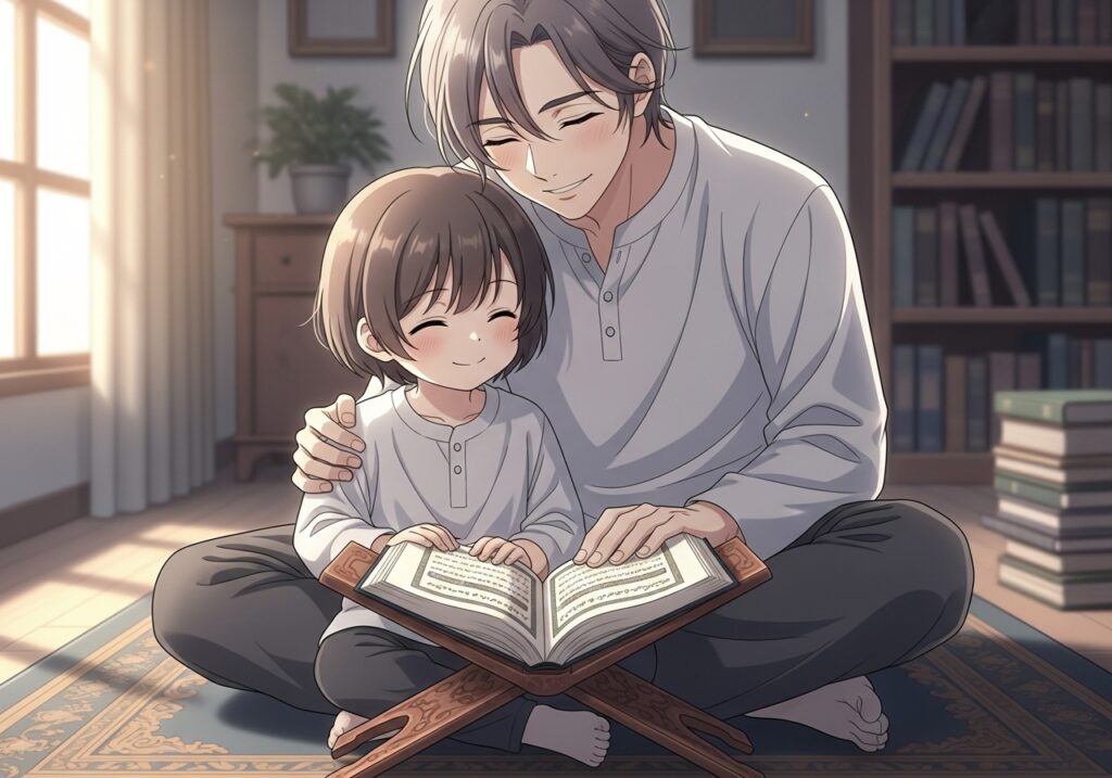 Smiling parent sitting beside a child during Quran recitation, showing a calm and loving approach to Quran for kids.