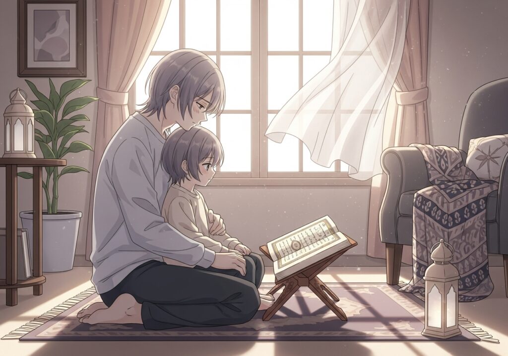 Parent and child calmly reading the Quran together at home, preparing for Ramadan with peaceful Quran moments