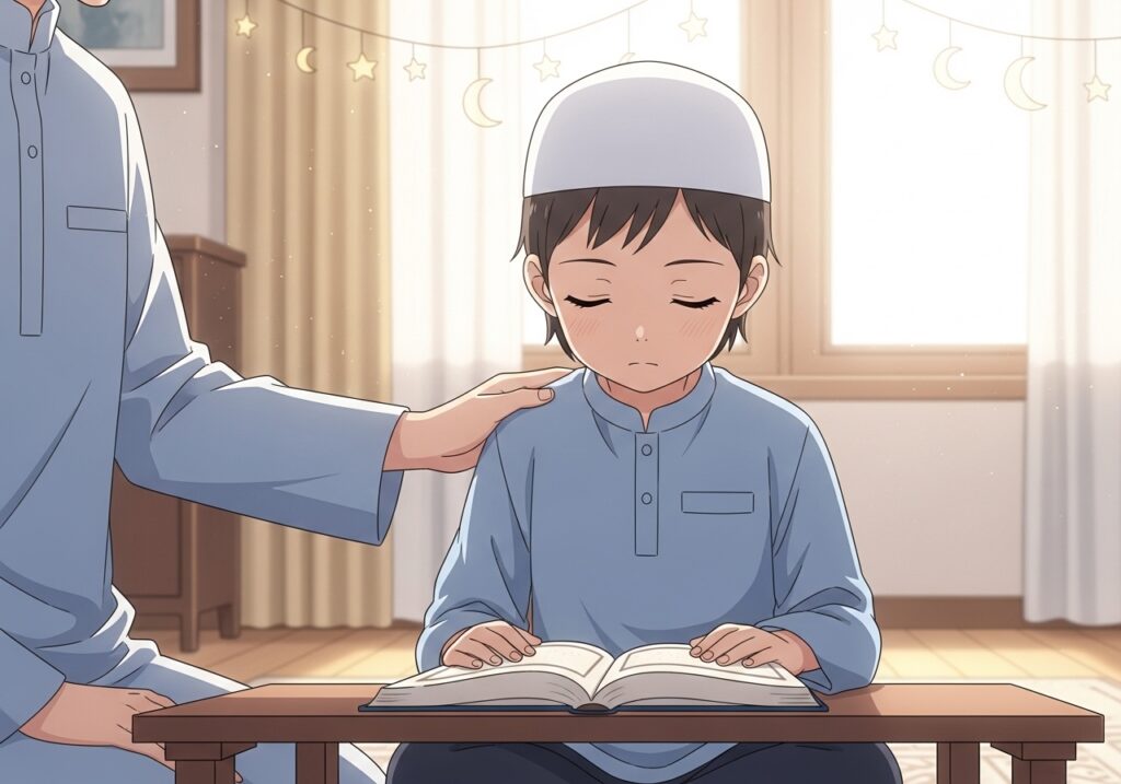 Non-Arab Muslim child practicing Quran recitation with gentle guidance, building confidence before Ramadan.