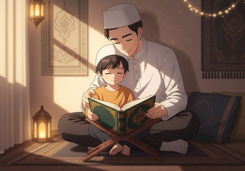 Parent and child reading the Quran together on the first day of Ramadan in a calm home environment, creating a peaceful Ramadan Quran routine.
