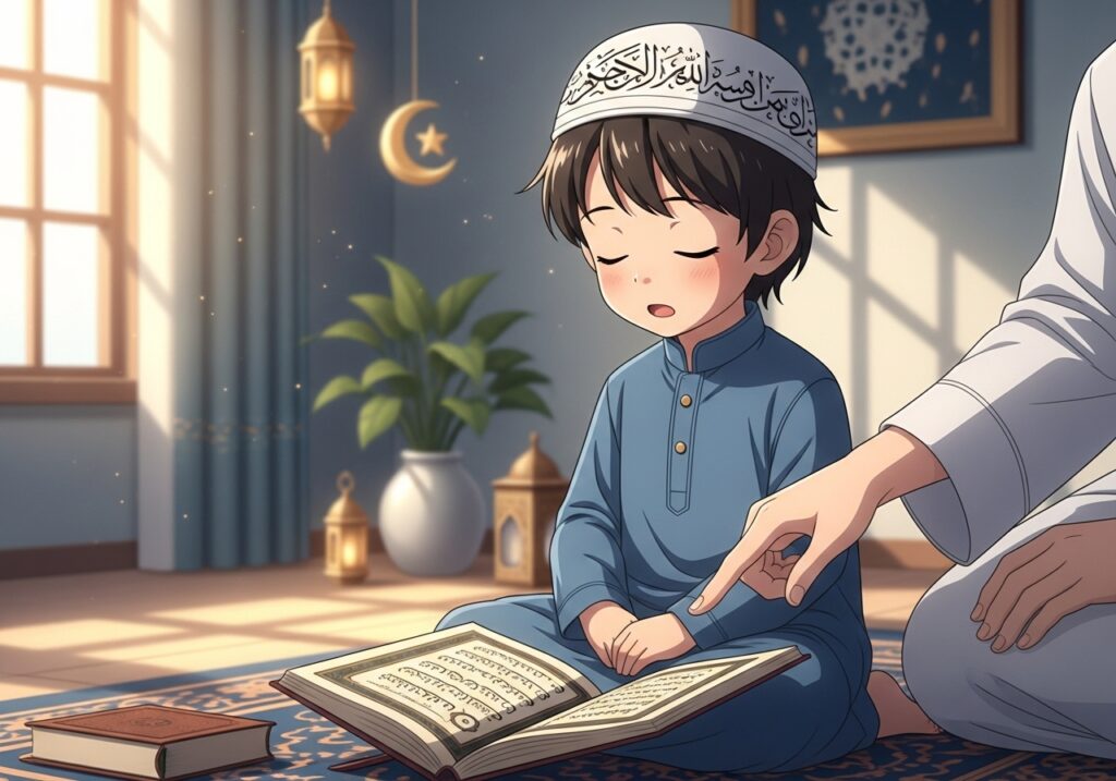 Young beginner reciting a short surah with gentle Tajweed guidance, building confidence through a simple Ramadan Quran routine.