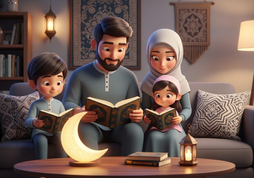 Non-Arab Muslim family sitting together in a peaceful living room during Ramadan, reading the Quran calmly and smiling while preparing spiritually at home.