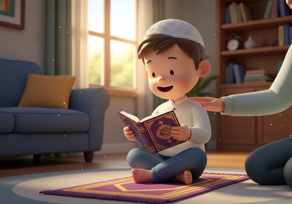 Young beginner practicing Quran recitation at home with supportive guidance, building confidence and steady progress in a relaxed Ramadan learning environment.