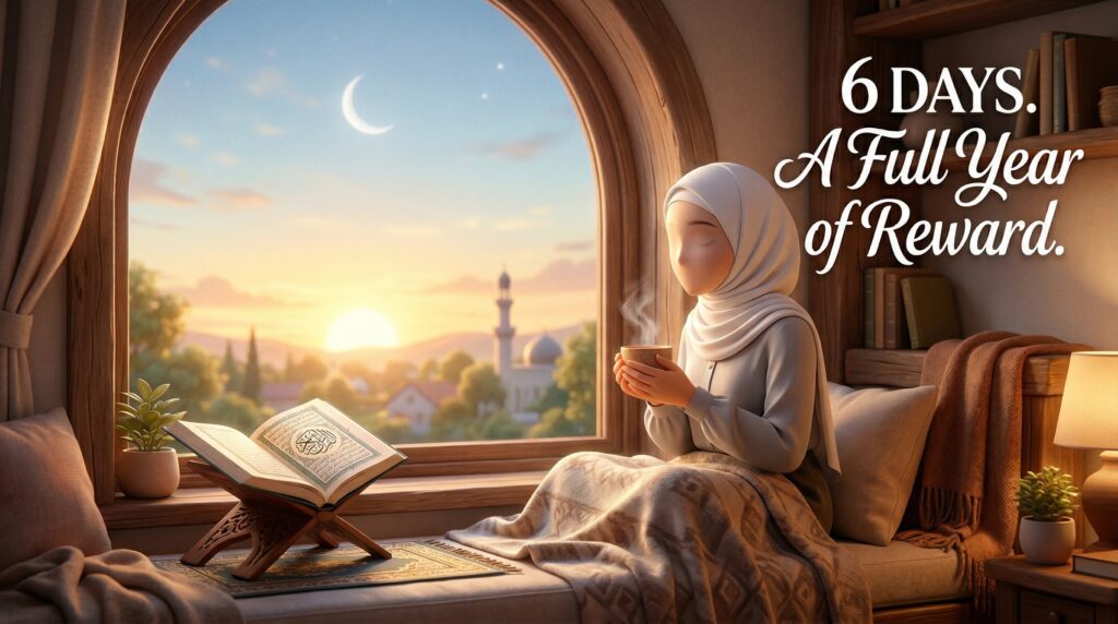 Muslim woman in white hijab reading Quran at sunrise, representing
the 6 days of Shawwal fasting and the reward of a full year of worship