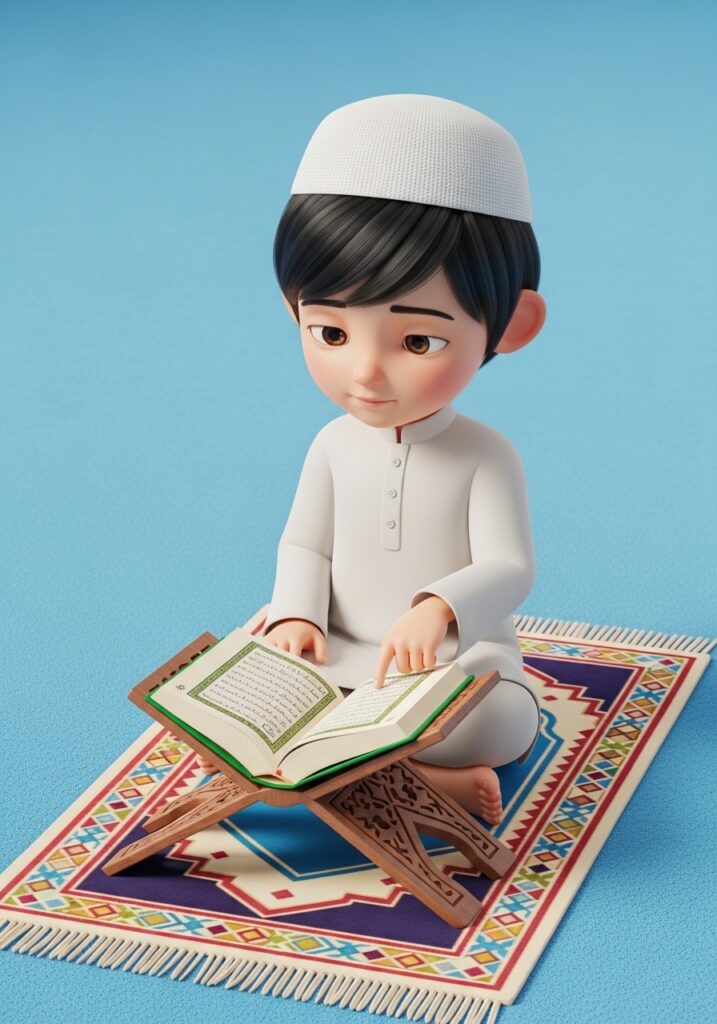 Young Muslim child reciting Quran with focus, demonstrating Tajweed for children learning readiness and building confidence in proper Quran pronunciation.