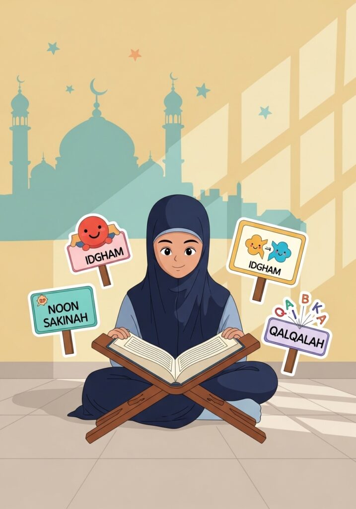 Young Muslim child reciting Quran with focus, demonstrating Tajweed for children learning readiness and building confidence in proper Quran pronunciation.