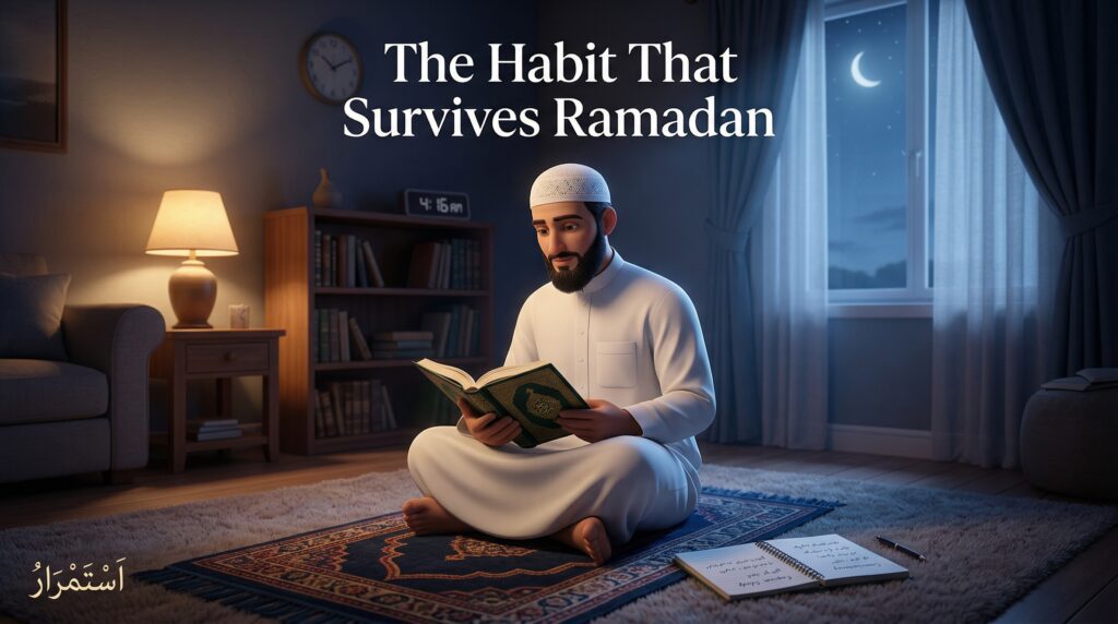 Muslim man in white thobe sitting with open Quran and notebook
at pre-dawn Fajr light — representing a consistent post-Ramadan
Quran habit built on anchor routines and daily commitment