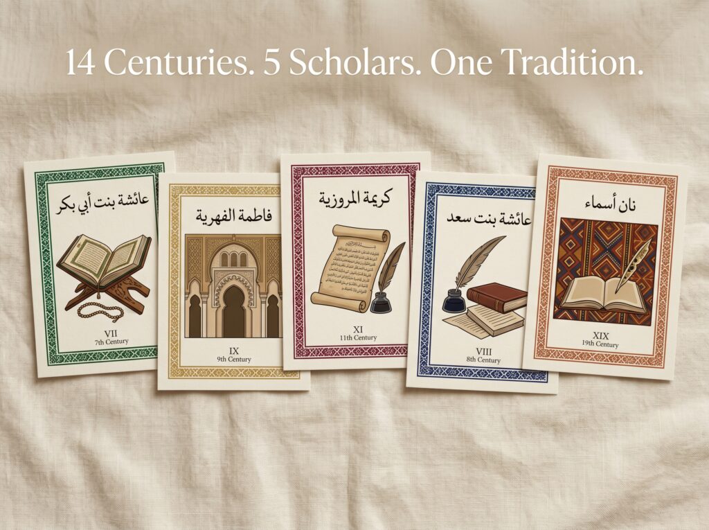Flat-lay of five illustrated portrait cards on warm cream
linen representing five greatest female Islamic scholars —
symbolic depictions without facial imagery for each:
open manuscript and tasbih for Aisha RA, architectural
arches for Fatima al-Fihri, hadith scroll for Karima
al-Marwaziyya, writing quill for Aisha bint Sad, and
West African textile with open book for Nana Asmauu —
each card in a distinct Islamic geometric border with
the scholar's name in Arabic calligraphy and century
in Roman numerals, overlay reads:
14 Centuries 5 Scholars One Tradition