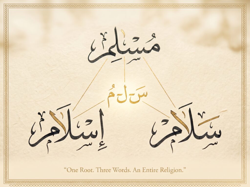 Calligraphy composition on warm cream background arranging
the Arabic words Muslim, Islam, and Salaam in an equilateral
triangle, each in classical script with gold leaf highlights,
connected by thin gold lines to their shared root sin-lam-meem
glowing in gold at the center — resembling a constellation
map of a single linguistic origin — gold geometric border
frames the piece, overlay text reads:
One Root Three Words An Entire Religion