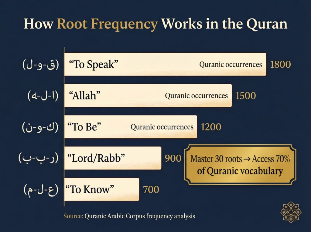 Horizontal bar chart infographic on deep navy background showing
the five highest-frequency root families in the Quranic corpus
with occurrence data, featuring a gold callout box stating that
mastering 30 Arabic roots unlocks access to 70 percent of
Quranic vocabulary, sourced from Quranic Arabic Corpus
frequency analysis