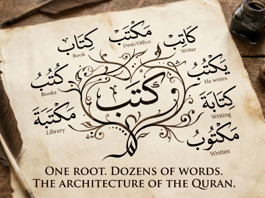 Hand-written Arabic calligraphy on aged cream paper showing a
three-letter Quranic root at the center with derivative words
branching outward like a tree — illustrating how the Arabic
root system unlocks Quranic vocabulary from a single linguistic seed