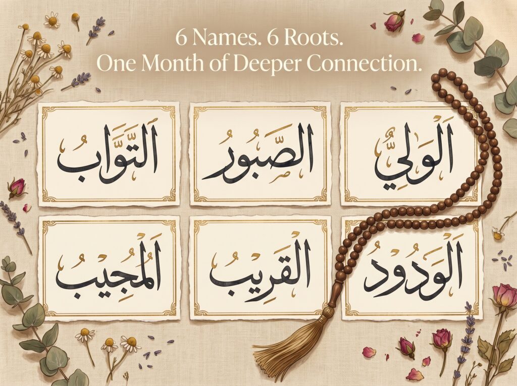 Flat-lay of six cream calligraphy cards on warm linen surface
each displaying one of six names of Allah in classical Arabic
script with gold leaf highlights — Al-Tawwab, Al-Sabur, Al-Wali,
Al-Mujib, Al-Qarib, and Al-Wadud — with a wooden tasbih and
dried flowers scattered between them, overlay text reads:
6 Names 6 Roots One Month of Deeper Connection