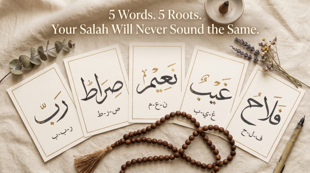 Flat-lay of five cream calligraphy cards on warm linen arranged
in a gentle arc, each displaying one Quranic salah word in
classical Arabic script with gold leaf highlights and root
letters beneath — Rabb, Sirat, Naeem, Ghayb, and Falah —
with a wooden tasbih draped across the composition and dried
botanical sprigs between the cards, overlay text reads:
5 Words 5 Roots Your Salah Will Never Sound the Same