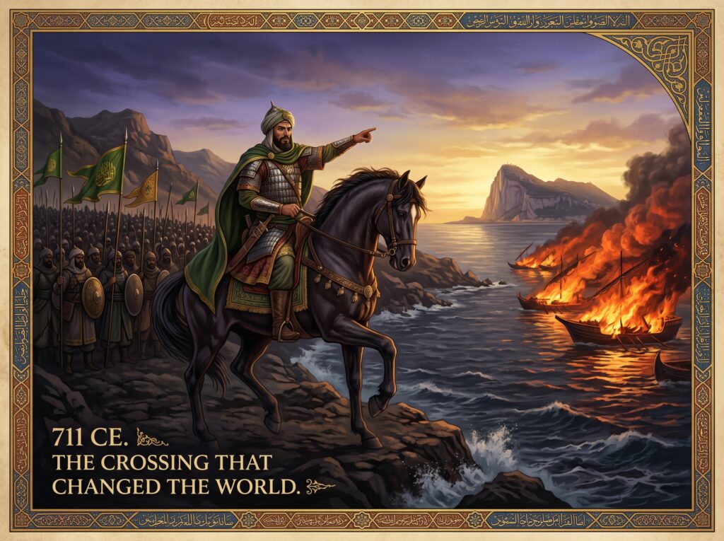 Cinematic digital illustration in classical Islamic manuscript
style depicting Tariq ibn Ziyad on horseback at the edge of
a rocky coastline in 711 CE, pointing toward the Rock of
Gibraltar visible across the strait at dawn, with thousands
of soldiers behind him and burning ships reflecting flames
off the dark water, overlay text reads:
711 CE — The Crossing That Changed the World