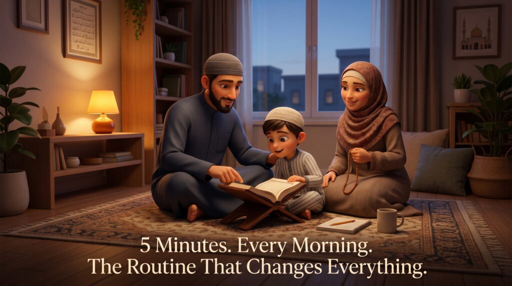 Intimate pre-dawn scene of a Muslim family of three sitting
together on a soft prayer rug in warm amber lamp light —
father and young child looking at an open Quran, mother
holding a wooden tasbih — with the first pale blue Fajr
light visible through the background window, representing
the 5-minute daily Islamic home routine anchored after Fajr,
overlay text reads: 5 Minutes Every Morning The Routine
That Changes Everything