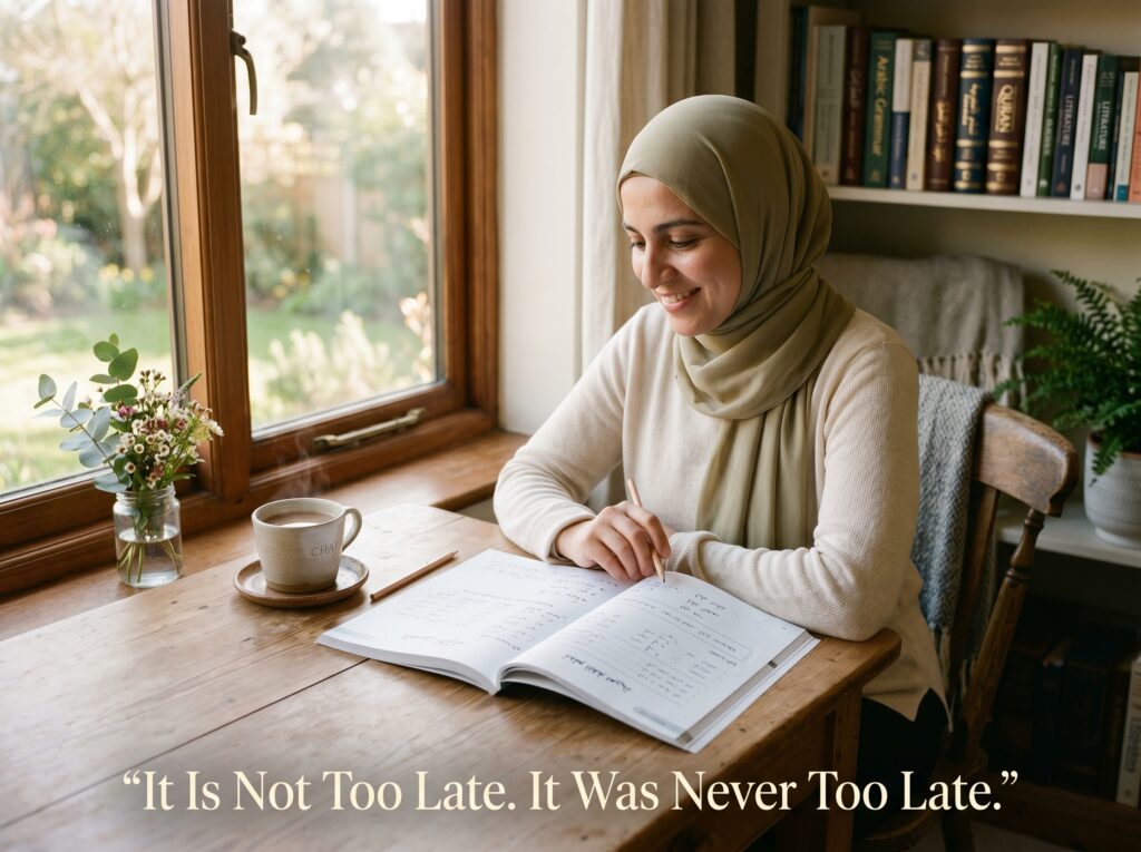 Soft morning light desk scene of a Muslim adult in their
mid-thirties sitting calmly at a wooden desk beside a
window — open Arabic workbook with handwritten notes,
wooden pencil resting across the page, steaming cup of
tea on a ceramic saucer — no phone visible, mood of
quiet confidence and unhurried beginning, overlay text
reads: It Is Not Too Late It Was Never Too Late