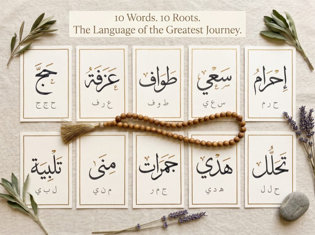 Flat-lay of ten Arabic calligraphy cards in two rows of
five on warm cream linen — each displaying one Hajj word
in classical script with gold leaf highlights and root
letters beneath: Hajj, Arafah, Tawaf, Sai, Ihram in the
first row and Talbiyah, Mina, Jamarat, Hady, Tahallul in
the second — worn wooden tasbih draped between the rows,
dried botanicals and smooth stone between cards, overlay
reads: 10 Words 10 Roots The Language of the Greatest
Journey