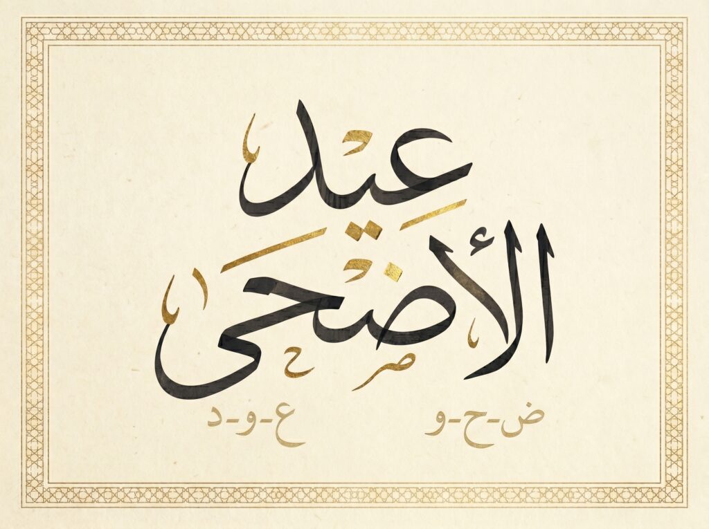 Museum-quality Arabic calligraphy on warm cream background
showing Eid Al-Adha in large flowing classical script with
gold leaf highlights — root letters revealed in lighter
gold beneath each word: ayn-waw-dal the root of returning
beneath Eid, and dad-ha-waw the root of morning light
beneath Adha — delicate gold geometric border frames the
composition — designed as a saveable phone wallpaper and
post-Eid Islamic reflection artwork