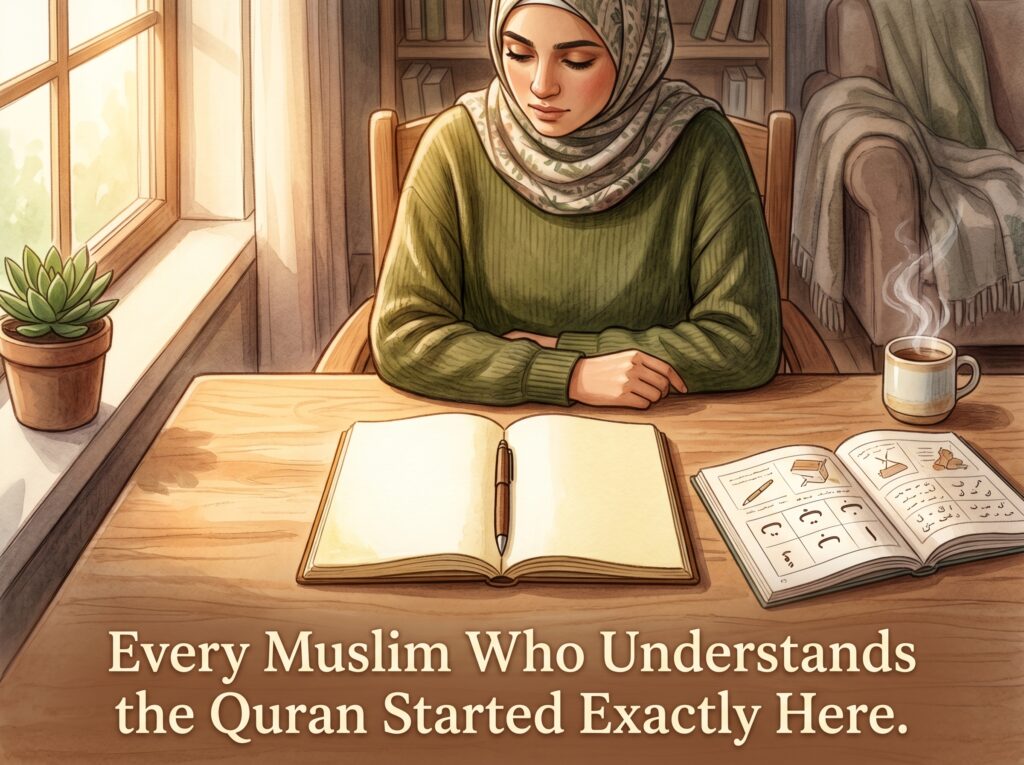 Warm morning light desk scene of a Muslim adult sitting
at a clean wooden desk beside a window — fresh notebook
open to a blank first page with wooden pen resting on it,
beginner's Arabic workbook open beside it showing the
Arabic alphabet, small steaming tea at upper right corner
— no phone or clutter visible, mood of quiet unhurried
determination, overlay text reads:
Every Muslim Who Understands the Quran Started Exactly Here