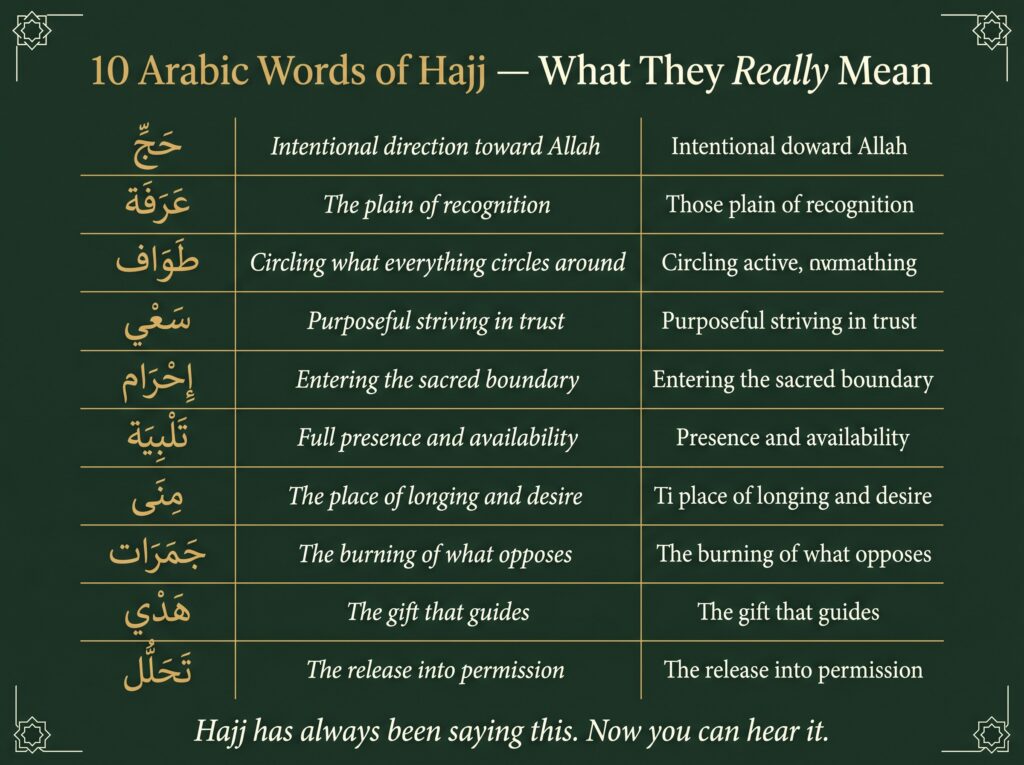 Forest-green three-column Hajj vocabulary reference card
titled 10 Arabic Words of Hajj What They Really Mean,
showing ten words with Arabic in gold, common translation
in cream italic, and root meaning in cream — Hajj as
intentional direction toward Allah, Arafah as the plain
of recognition, Tawaf as circling what everything circles
around, Sai as purposeful striving in trust, Ihram as
entering the sacred boundary, Talbiyah as full presence
and availability, Mina as the place of longing and desire,
Jamarat as the burning of what opposes, Hady as the gift
that guides, Tahallul as the release into permission —
footer reads: Hajj has always been saying this,
now you can hear it