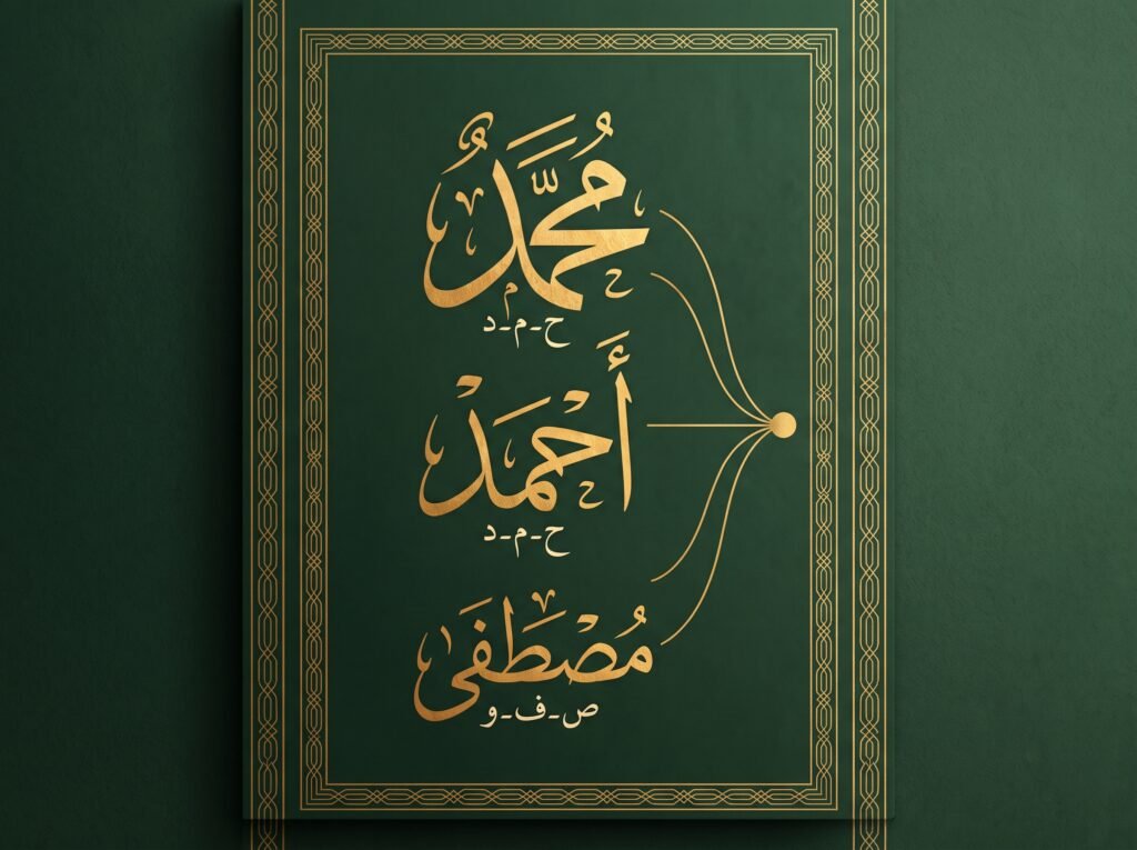 Arabic calligraphy composition on deep forest-green showing
the three names of the Prophet in vertical cascade — Muhammad
in largest gold leaf at top with root ha-meem-dal in cream
beneath, Ahmad in center with the same shared root, Mustafa
at bottom with root sad-fa-waw beneath — thin gold lines
connect all three to a central point showing their shared
origins — gold geometric border frames the piece, no overlay
text, the names and roots carry the complete message