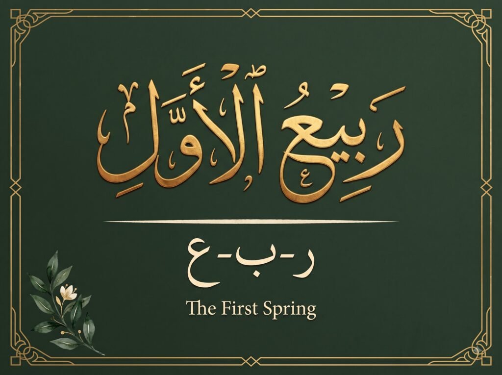 Calligraphy composition on deep forest-green for 1 Rabi
al-Awwal 1448 showing the Arabic month name in large gold
leaf script with root letters ra-ba-ayn in cream beneath
a horizontal line, the translation The First Spring in
small cream type, a delicate botanical sprig in the lower
left corner evoking the spring meaning, thin gold geometric
border framing the piece, no overlay text