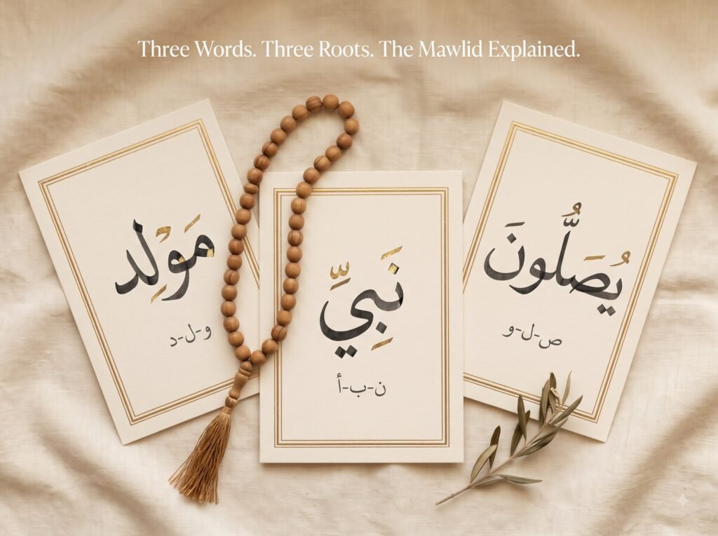 Flat-lay of three cream calligraphy cards in a gentle arc
on warm cream linen — left card bearing Mawlid with root
waw-lam-dal meaning birth beneath it, center card slightly
forward bearing Nabi with root nun-ba-hamza meaning
significant news, right card bearing Yusalloon with root
sad-lam-waw meaning drawing close — wooden tasbih draped
between cards with a dried botanical sprig, overlay text
reads: Three Words Three Roots The Mawlid Explained