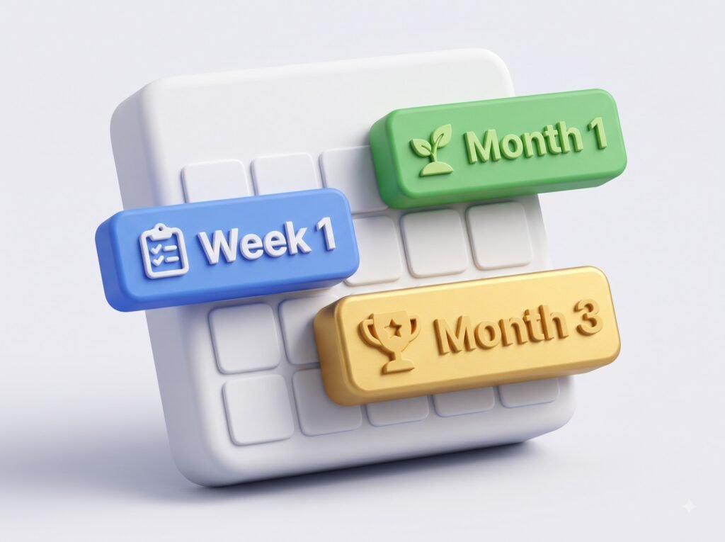 Illustrated calendar showing the September Arabic plan in three phases — Week 1, Month 1, and Month 3 — with checklist, growth, and trophy icons.