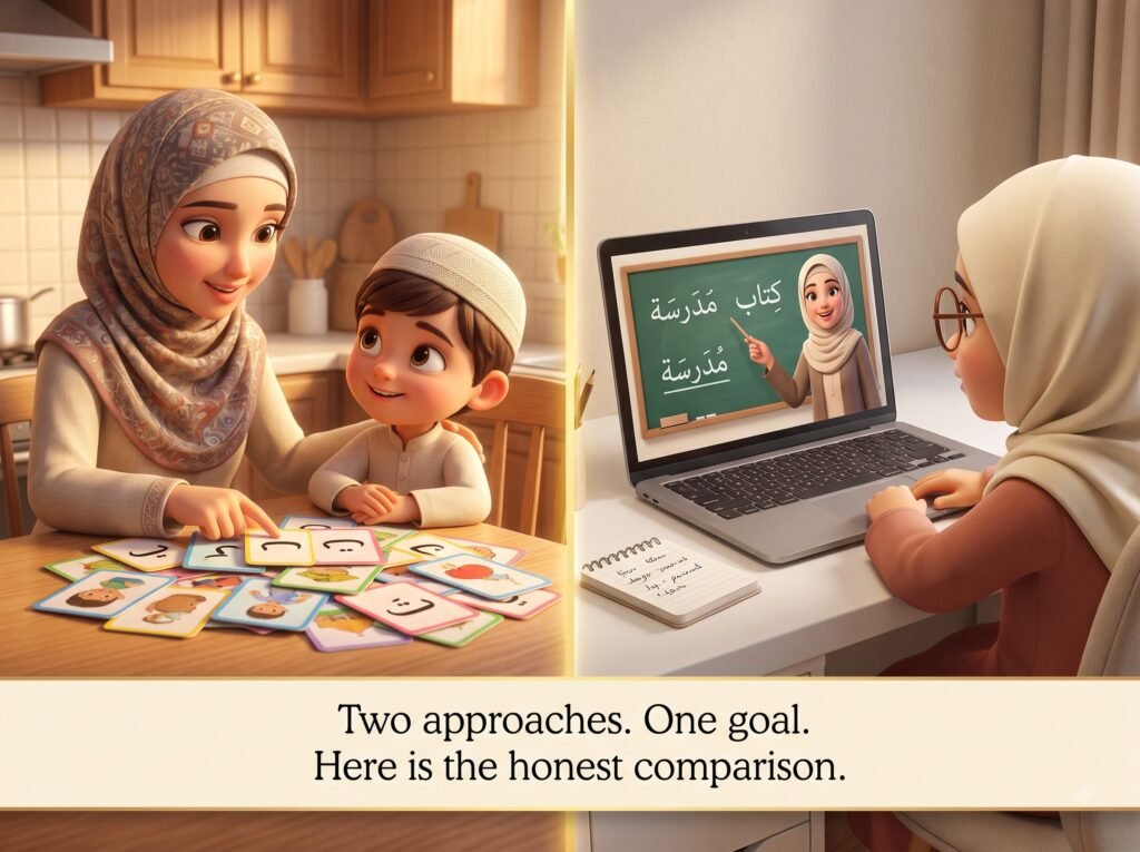 Split-panel image divided by a thin gold line — left half
showing a Muslim mother and child of around eight leaning
over Arabic flashcards at a kitchen table, mother pointing
at a card with Arabic letters, child looking up with genuine
engagement — right half showing a Muslim child of around ten
at a desk with a laptop open showing a teacher with Arabic
writing on a digital whiteboard, small notebook beside the
laptop — overlay text reads: Two approaches, One goal,
Here is the honest comparison