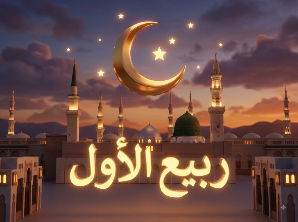 Illustration of a crescent moon and stars over the Madinah skyline at dusk with Arabic calligraphy reading 'Rabi al-Awwal.
