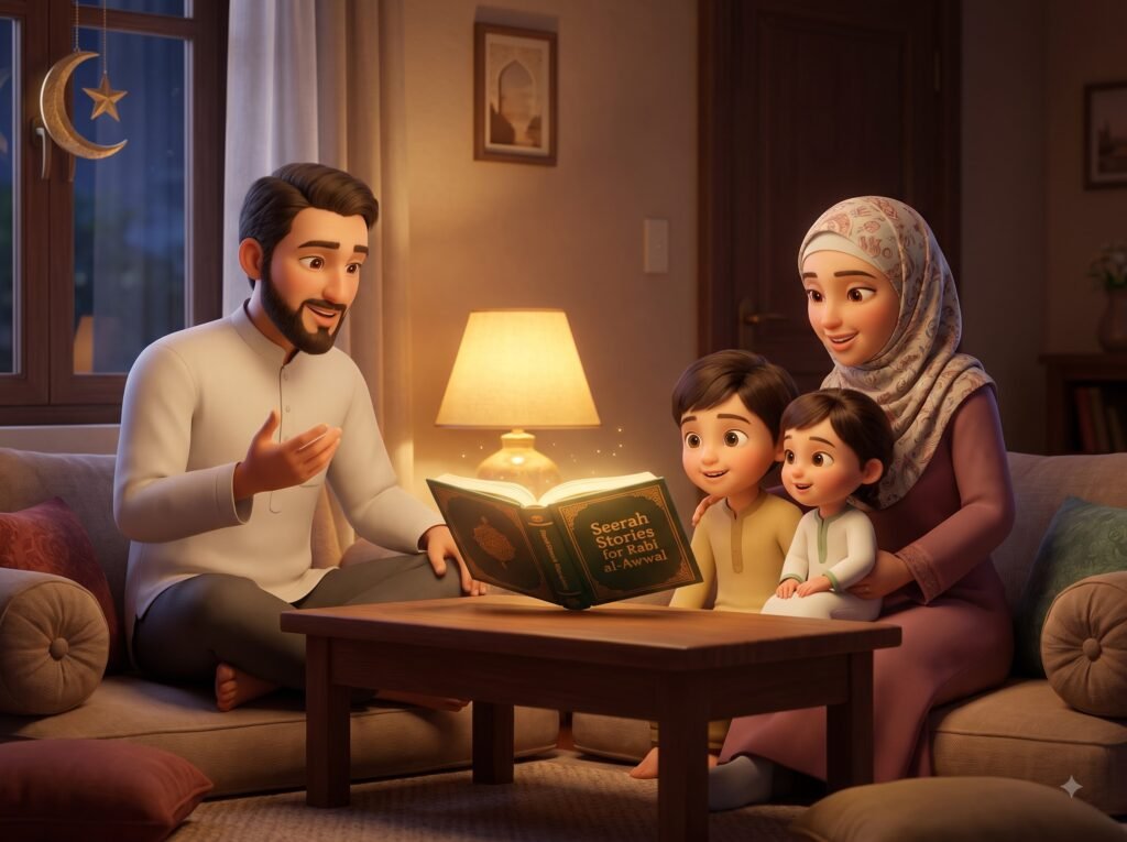 Family reading seerah stories together, with a parent reading aloud to children during Rabi al-Awwal