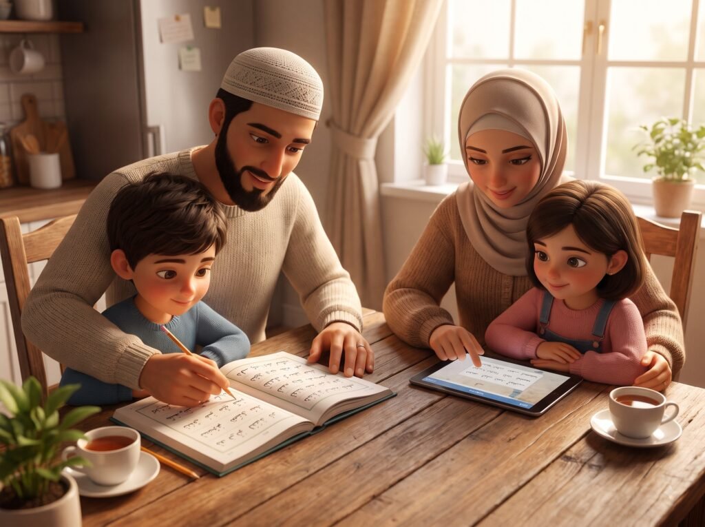 Muslim family learning Arabic together at home, with a parent guiding two children using a workbook and tablet during their September Arabic routine.