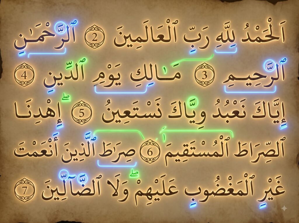 Close-up of a Quran verse with color-coded annotations highlighting grammatical case endings (i'raab) and tajweed rules on the same Arabic words.