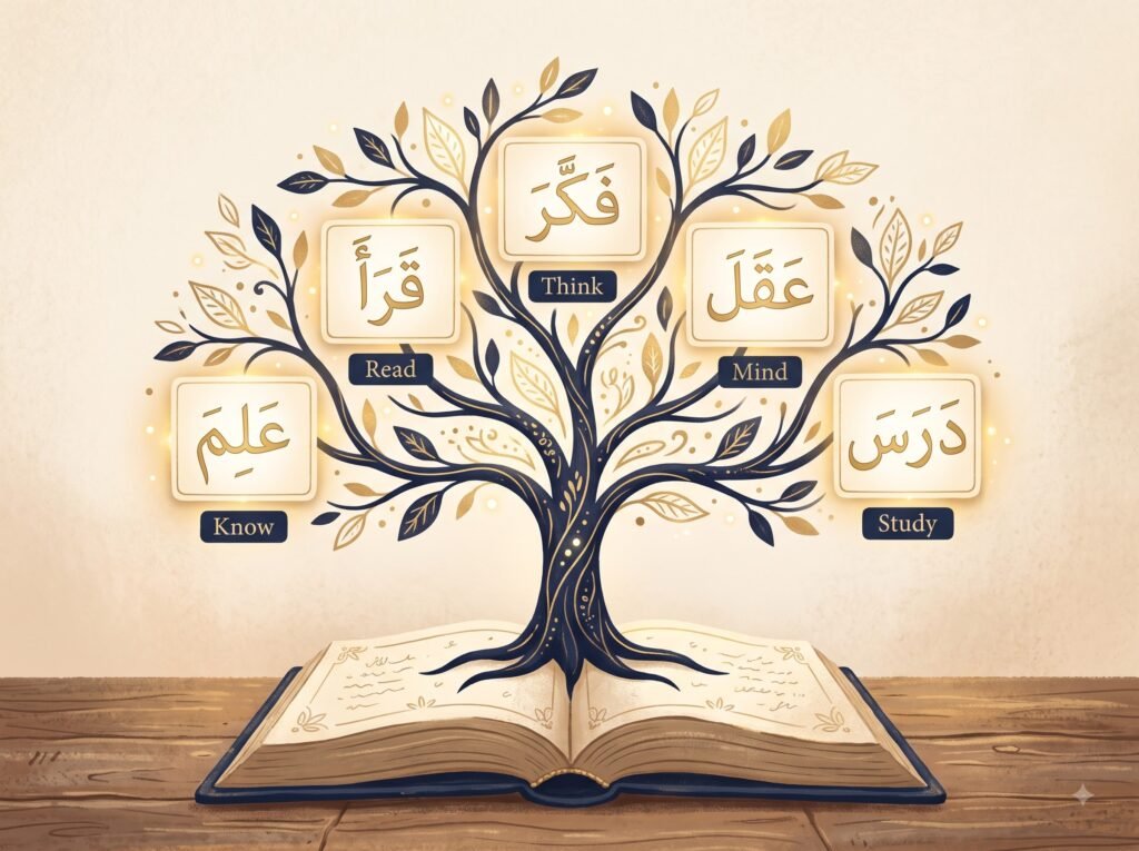 Five Arabic roots for knowledge and learning shown as branches growing from an open book