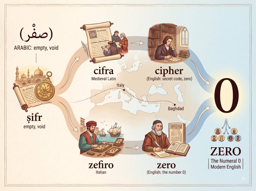Infographic tracing the Arabic word ṣifr into the English words zero and cipher