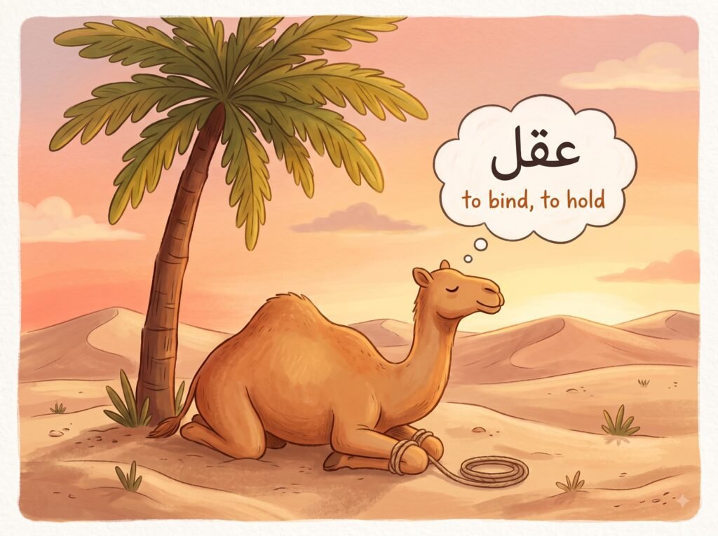 Illustration of a hobbled camel with the Arabic word ʿaql, showing the root meaning "to tie or bind"