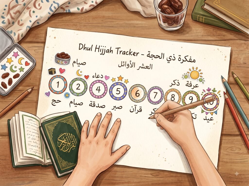 Children's Dhul Hijjah Arabic habit tracker with Arabic words and stickers
