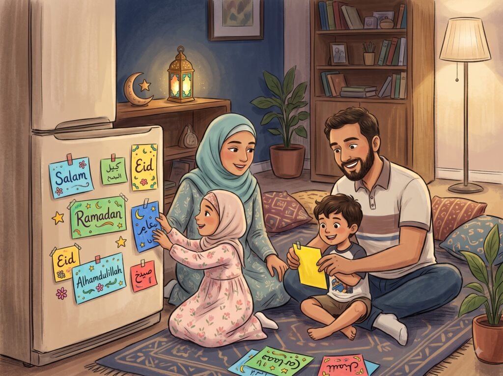 Muslim family sticking Arabic word cards on a wall during Dhul Hijjah