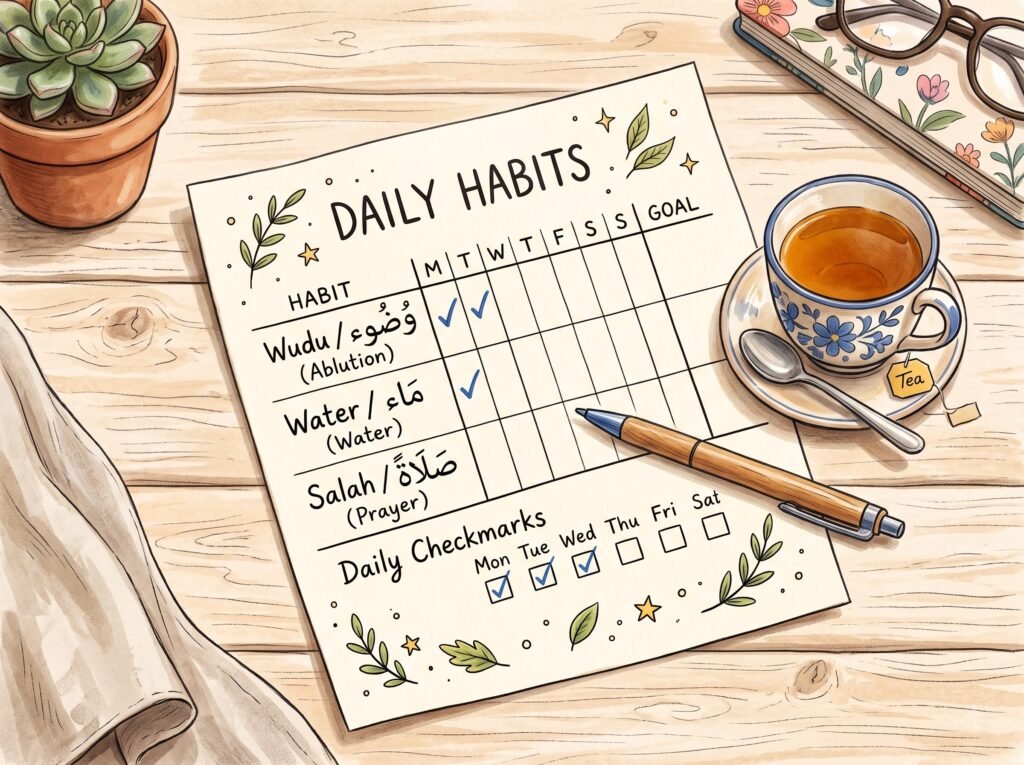 Free 5-minute Arabic daily routine tracker with checkmarks and three Arabic words