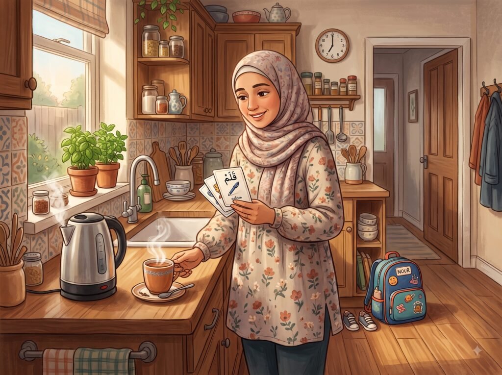 Busy Muslim parent reviewing Arabic flashcards while the kettle boils