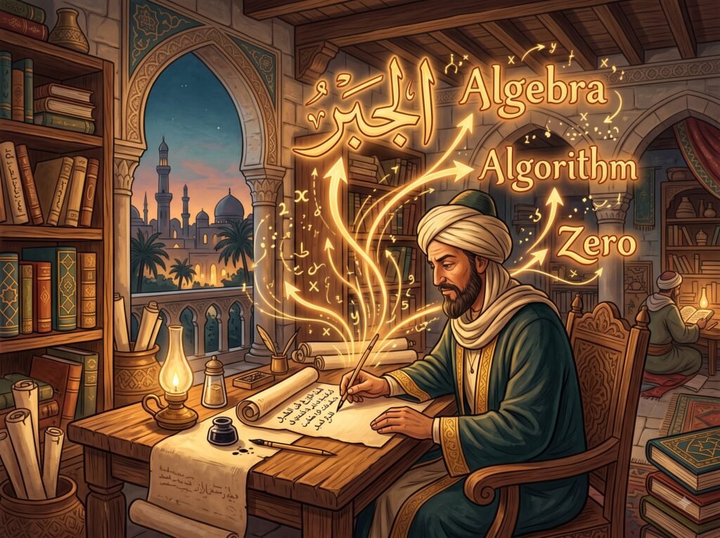Illustration of a medieval Baghdad scholar with Arabic and English math words linked by arrows