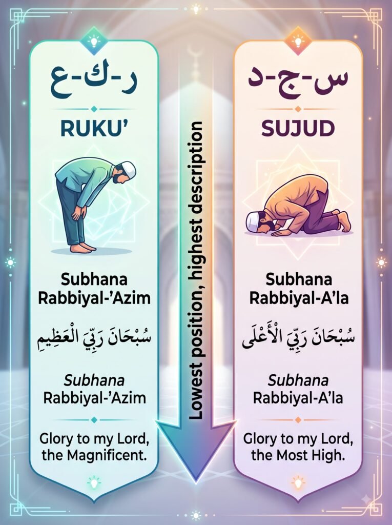 Infographic of the Arabic roots and dhikr for ruku' and sujud