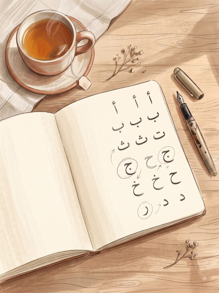 Beginner practicing the Arabic alphabet by hand in a notebook