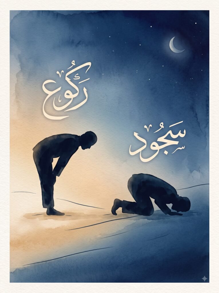 Ruku' and sujud prayer positions with their Arabic names